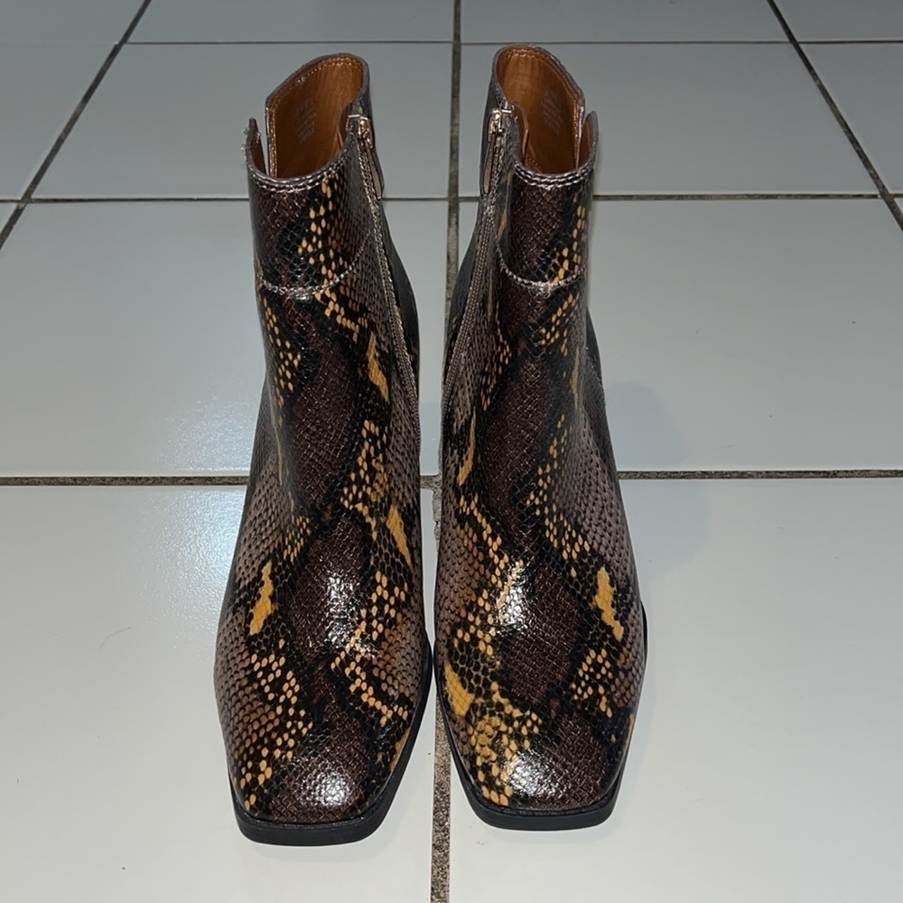 Franco Sarto Snakeskin Block Heel Square Toe Generous Bootie. - Picture 7 of 14